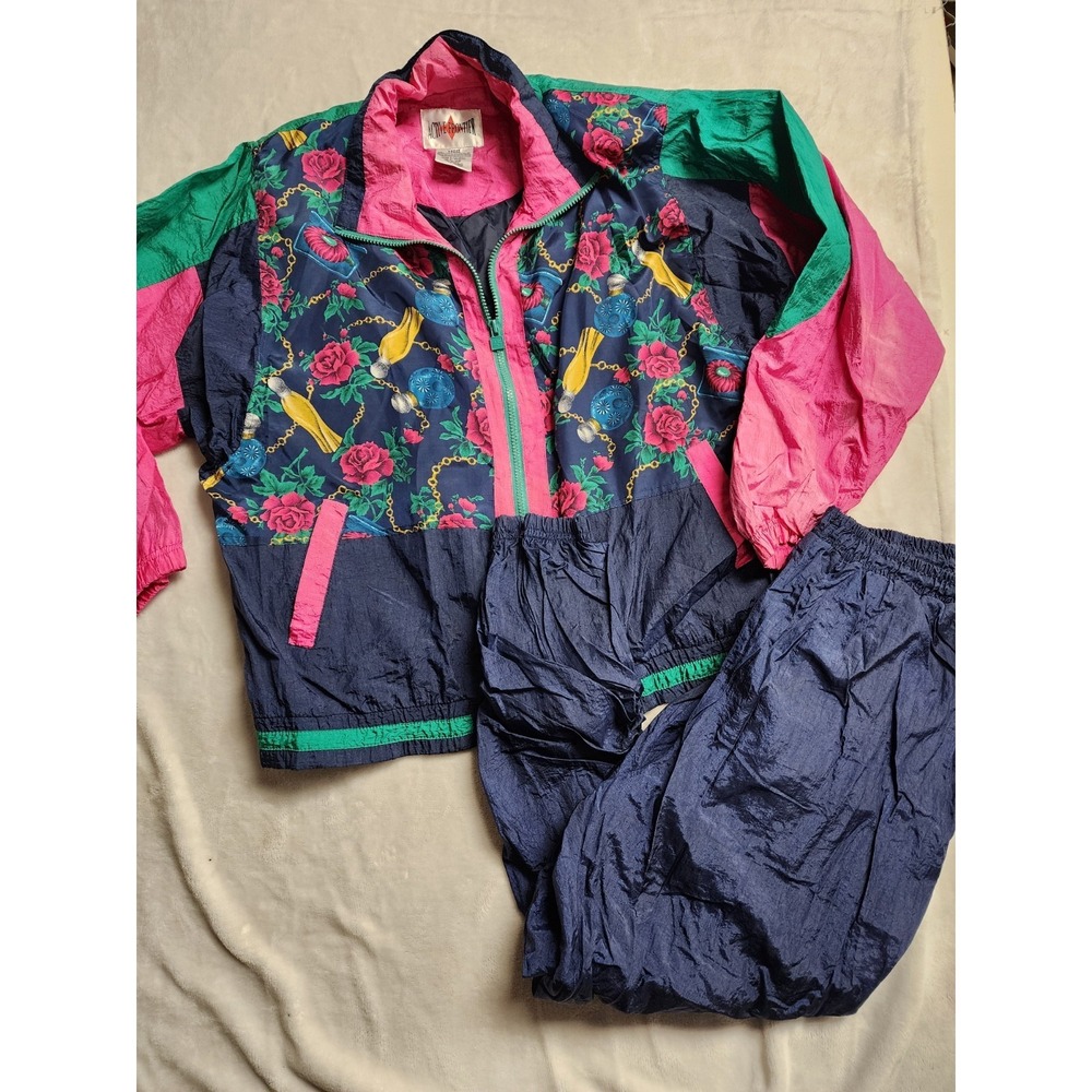 Active Frontier Windbreaker Vintage 90s Large Pink Green Navy Floral Zip Up Set